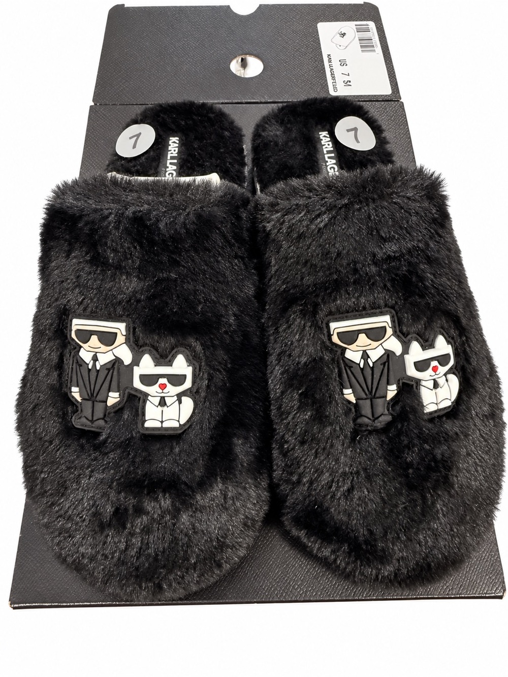 Karl Lagerfeld Paris Jacqui Black Faux Fur Karl & Choupette Slippers Size 7